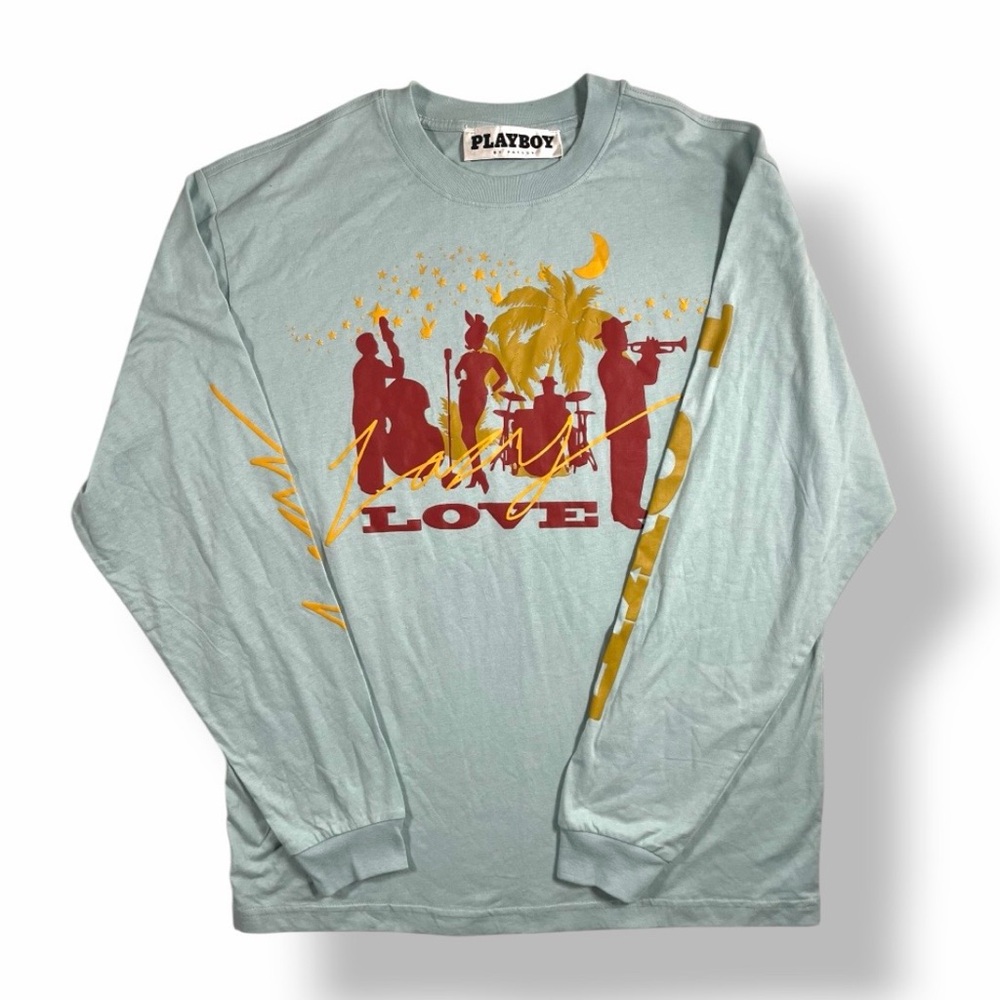 PLAYBOY Men's Lazy Love Graphic Light Baby Blue Long Sleeve T-Shirt Unisex S